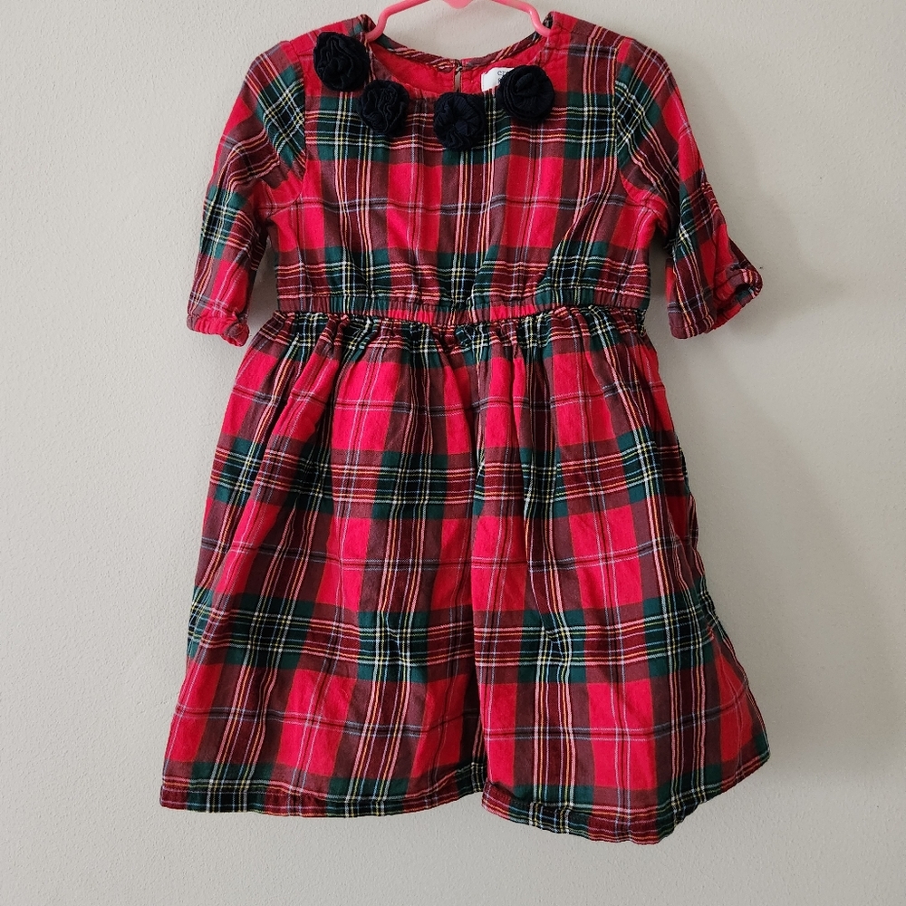 Crown & Ivy Kids Red Plaid Dress Black Floral Detail Holiday Size 4 Xmas Formal